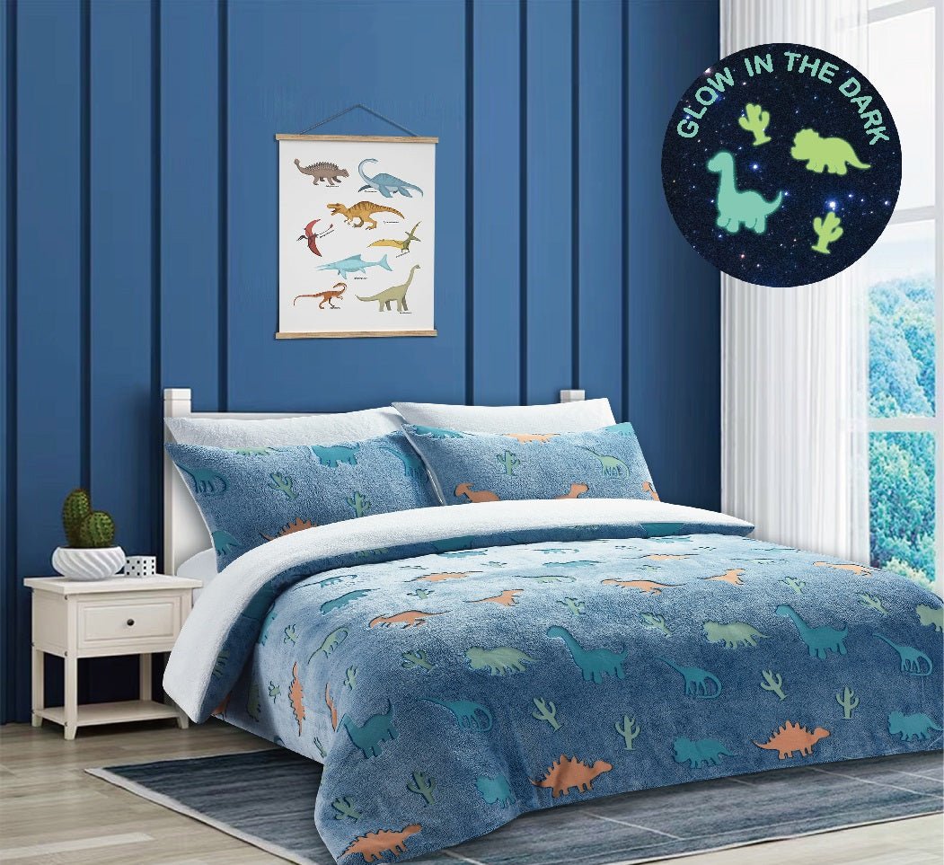 Glow in the Dark Teddy Fleece Duvet Set & Blanket – Dinosaur, Unicorn, Moon & Stars Design - TheComfortshop.co.ukDuvet CoversTheComfortshop.co.ukTheComfortshop.co.ukglow - in - the - dark - teddy - duvet - set - Single - DinoBlueSingleGlow in the Dark Teddy Fleece Duvet Set & Blanket – Dinosaur, Unicorn, Moon & Stars Design